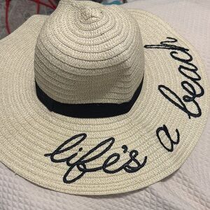 Source Unknown Cream Sun Hat with Black Band and Embroidery